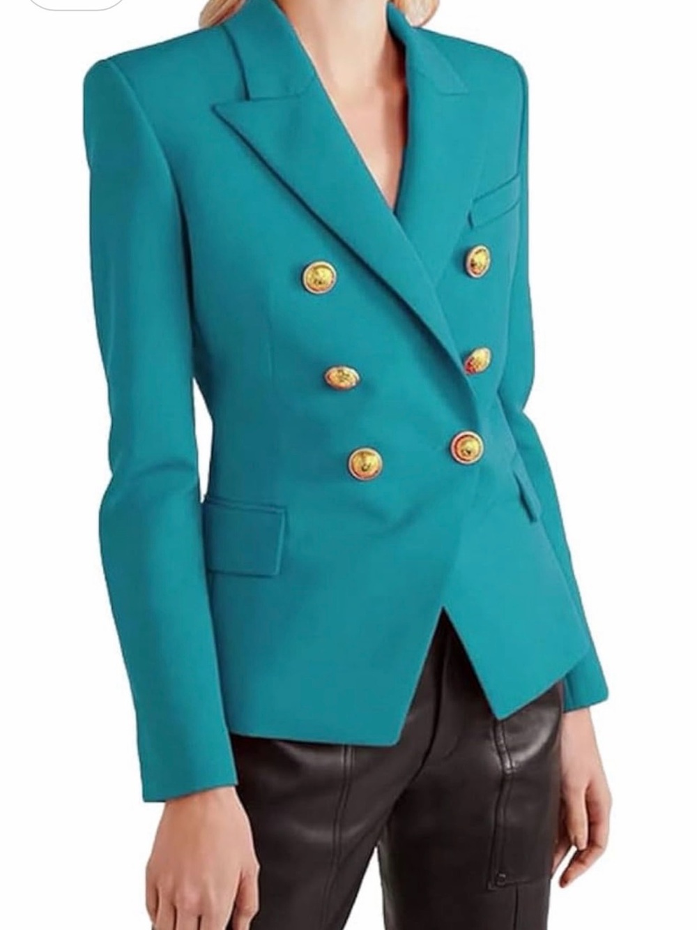 Boston Proper Teal Double-Breasted Blazer with Gold Buttons